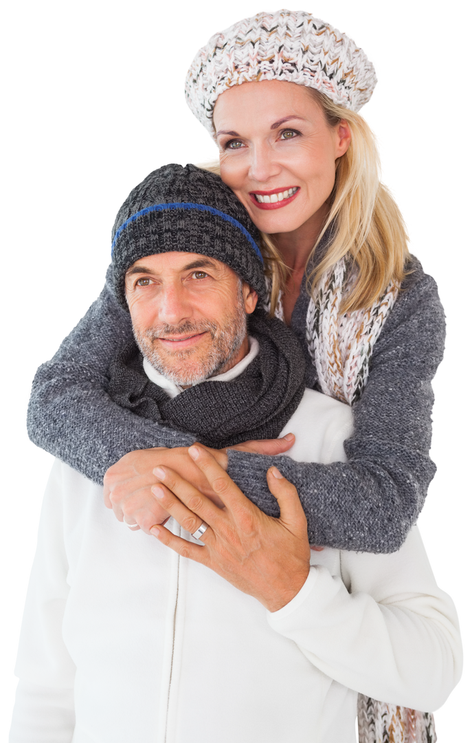 Joyful Mature Couple Embracing in Warm Attire on Transparent Background - Download Free Stock Images Pikwizard.com