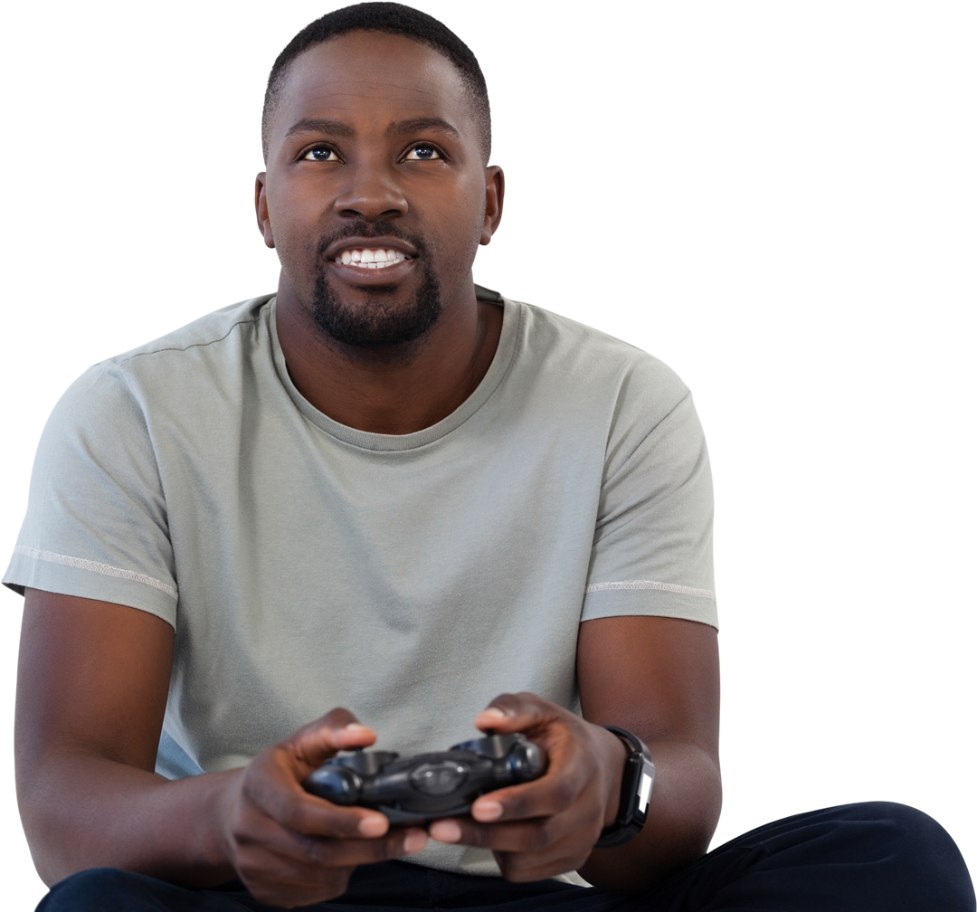 Smiling man playing video game with controller, isolated on transparent background - Download Free Stock Images Pikwizard.com