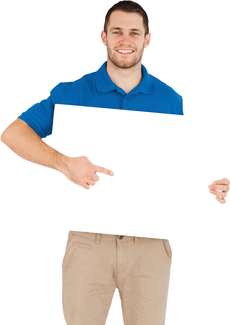 Energetic Young Man Pointing at Blank Transparent Sign for Custom Content