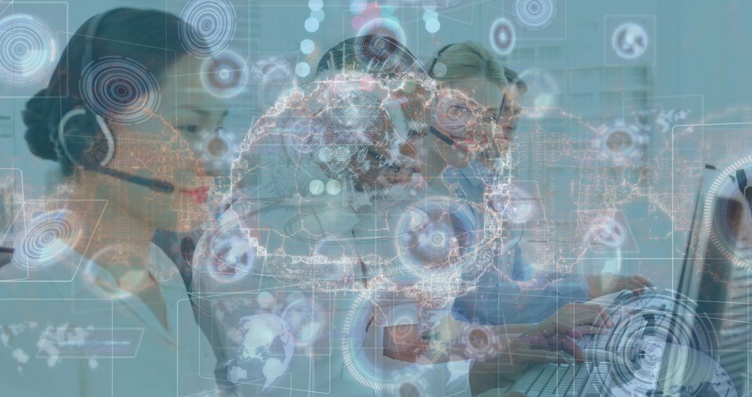 Digital Brain Hologram with Teamwork in Office, Innovative Global Business Concept