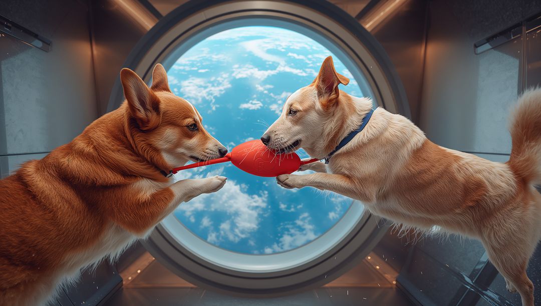 Two Dogs Playing Tug inside Orbital Cabin with Earth Porthole and Red Toy