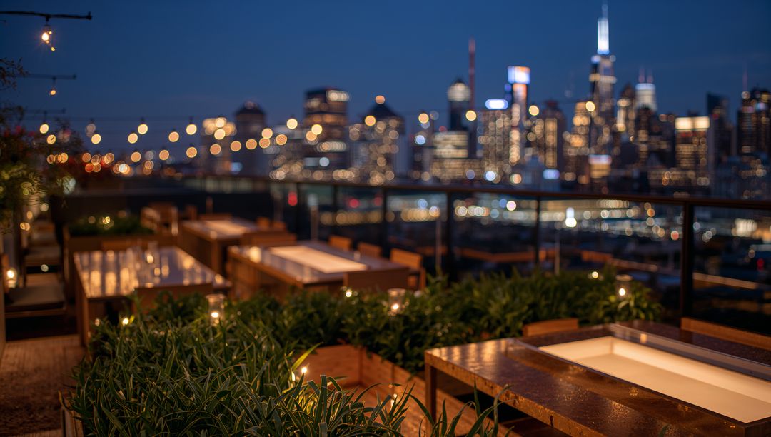 Rooftop lounge overlooking illuminated skyline at twilight with glowing tables and planters