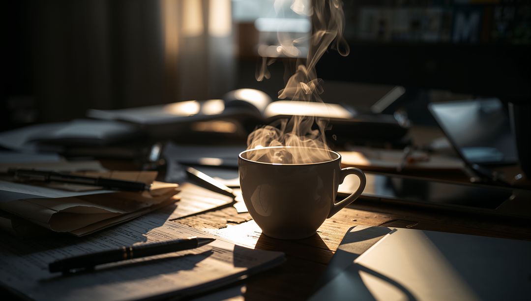 Steaming white ceramic mug catching warm window light on cluttered wooden workspace