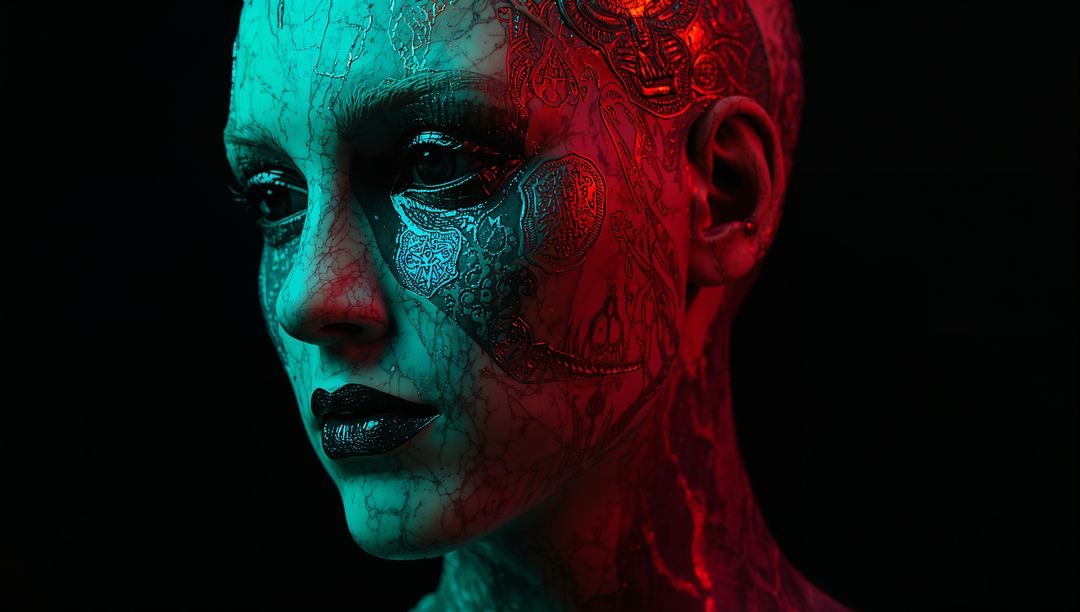 Surreal Portrait Featuring Lace Tattoo with Dramatic Lighting