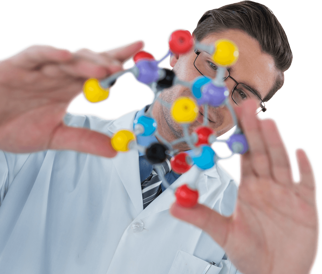 Scientist Examining Colorful Molecular Structure, Transparent Background