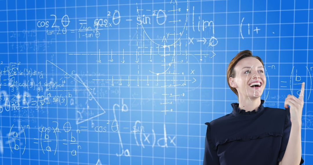 Enthusiastic Woman Solving Math Equations on Virtual Board