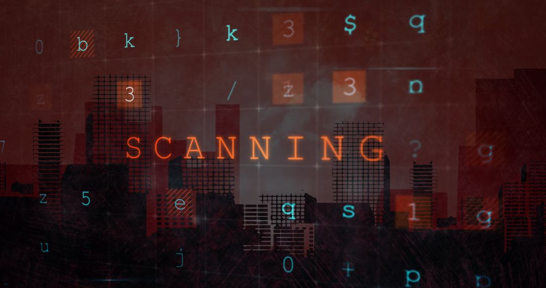 Cybersecurity Alert Over City Skyline with Binary Code