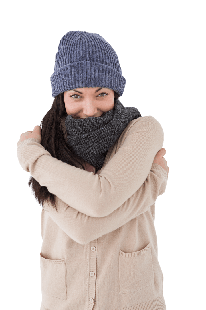 Brunette Woman Embracing Warmth with Winter Clothes Transparent