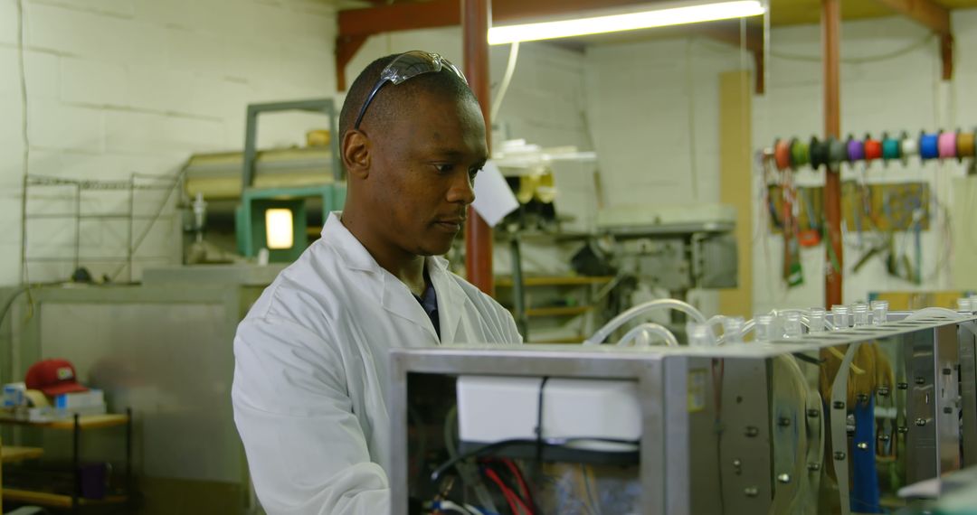Glass Factory Worker Focused on Machinery Tasks
