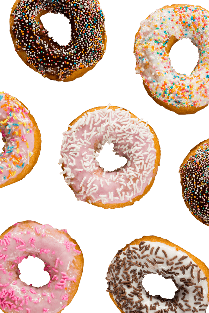 Colorful Transparent Donuts with Cream and Sprinkles Close-up