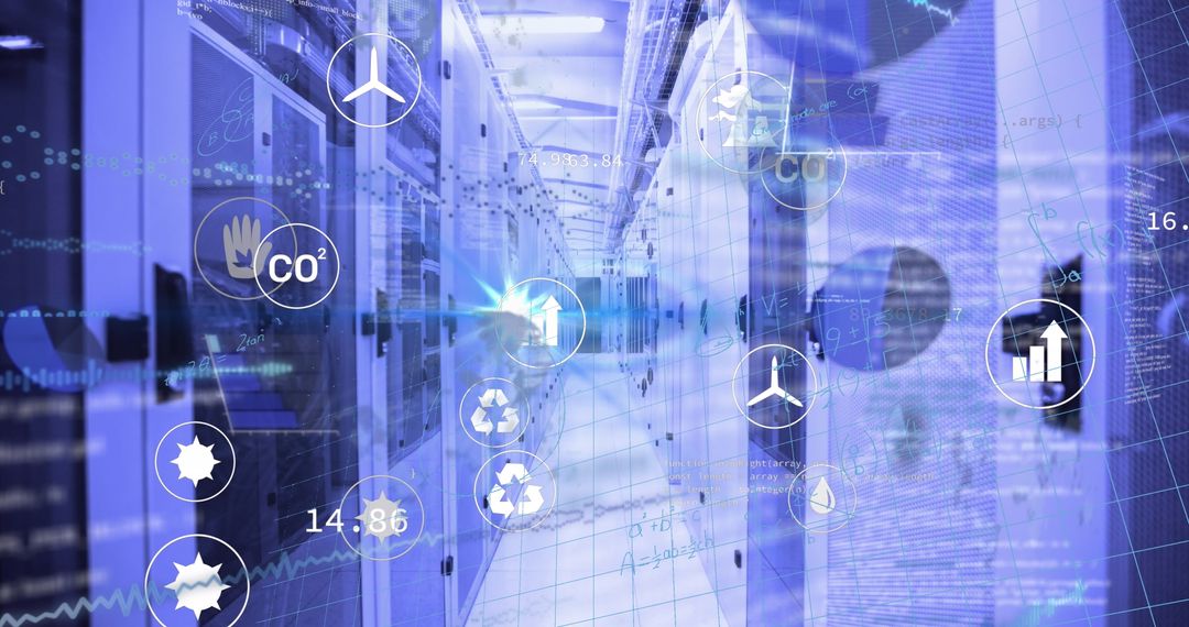 Data Analysis in Modern Server Room with Digital Interface Icons