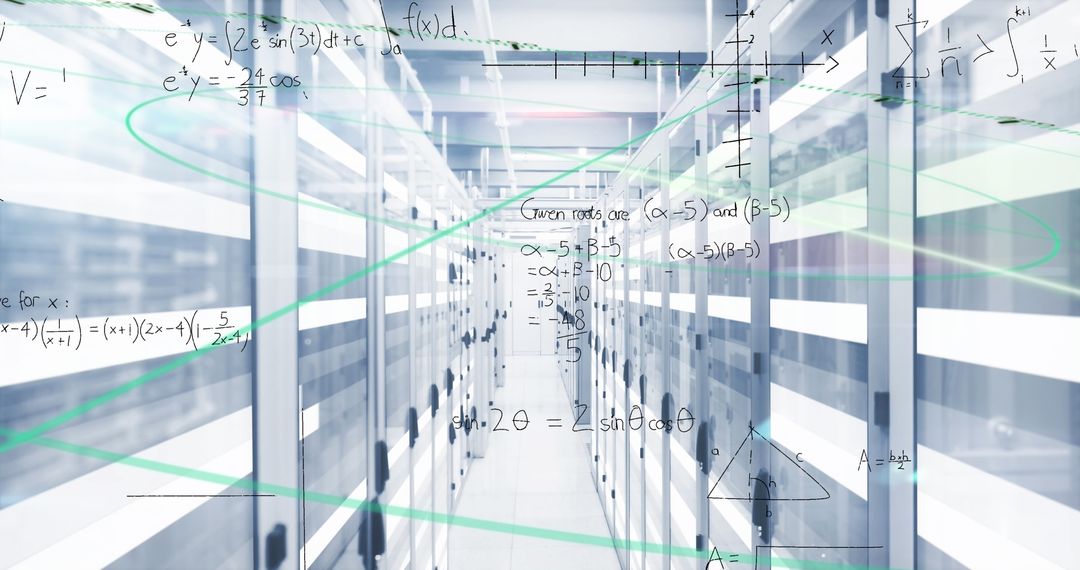 Mathematical Equations Overlaid on a Modern Server Room