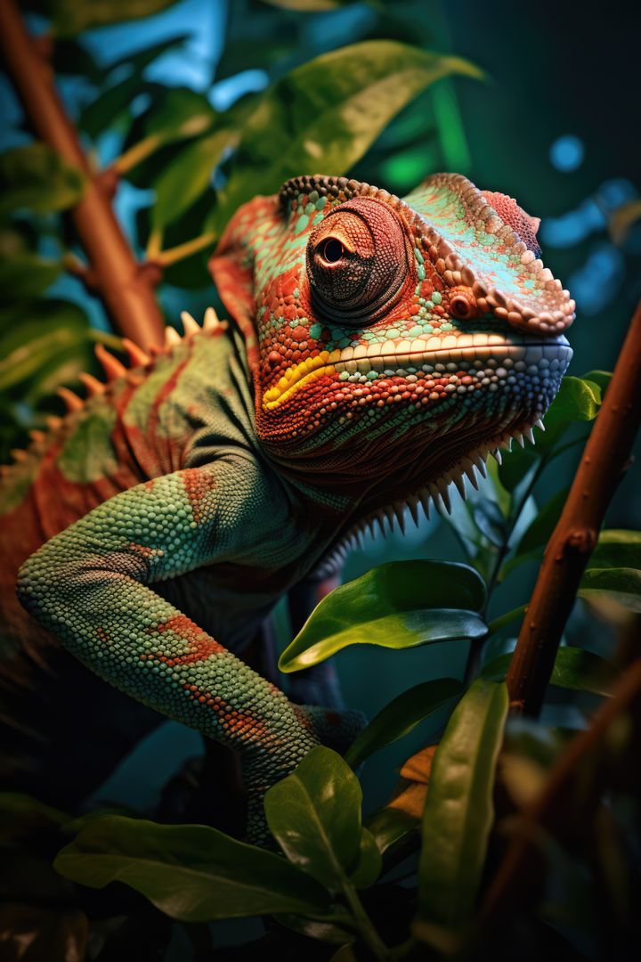 Colorful Chameleon Perched on Tree Branch in Lush Jungle - Free Images, Stock Photos and Pictures on Pikwizard.com