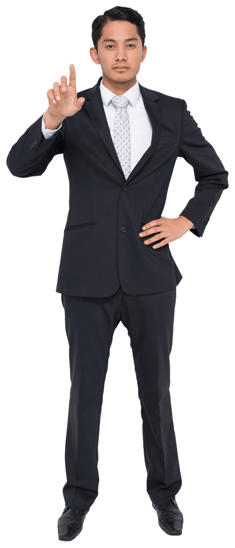 Asian Businessman Pointing with Serious Expression Transparent Look