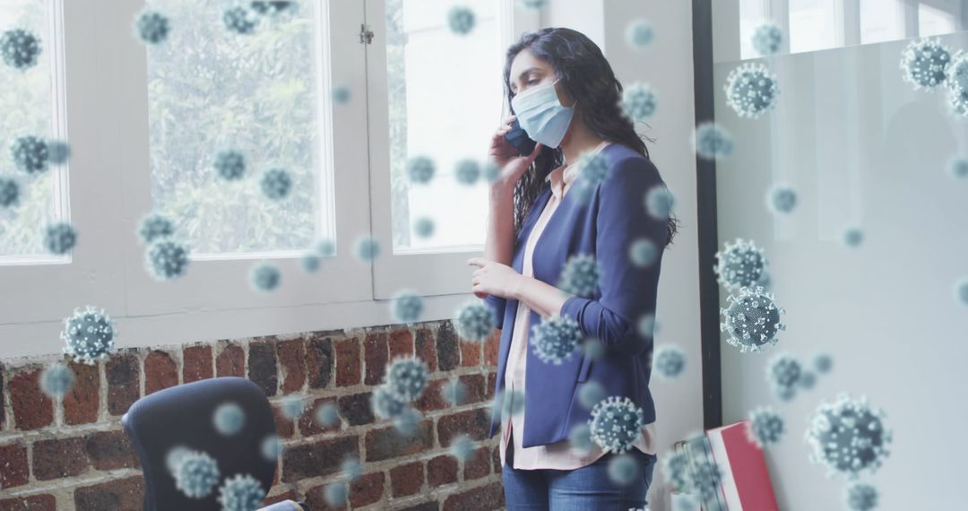 Masked Professional Navigating Office with Digital Virus Overlay