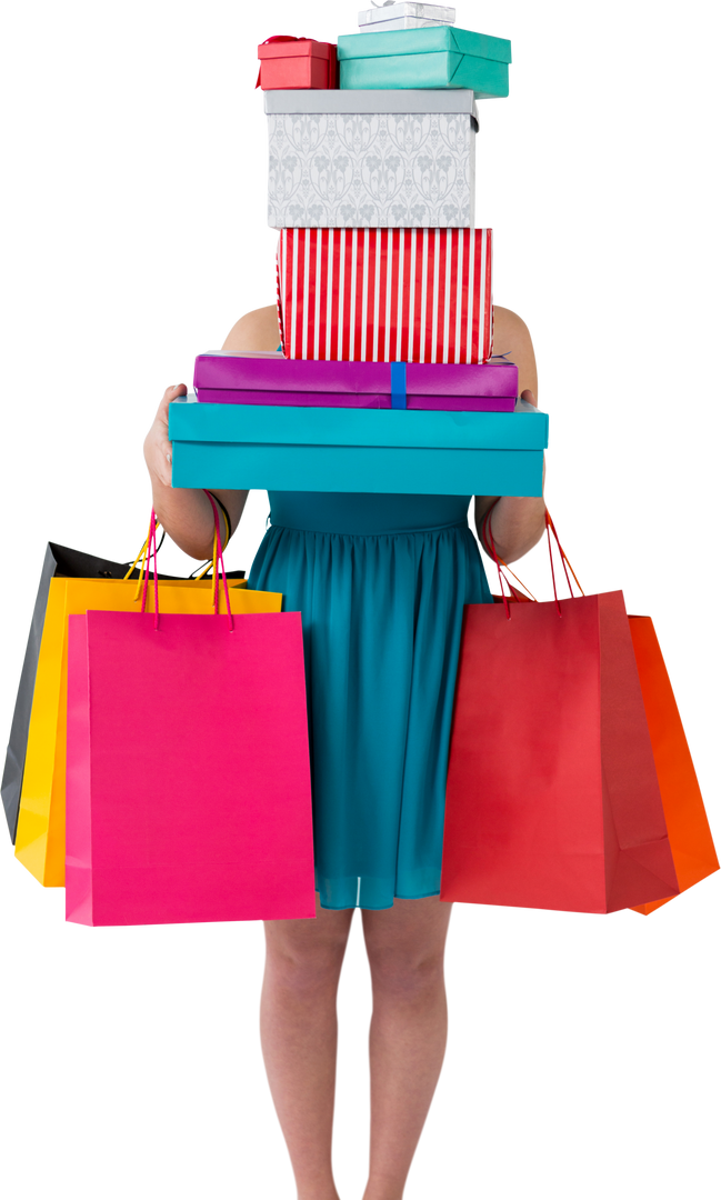 Woman Carrying Multiple Gift Boxes and Shopping Bags on Transparent Background - Download Free Stock Images Pikwizard.com