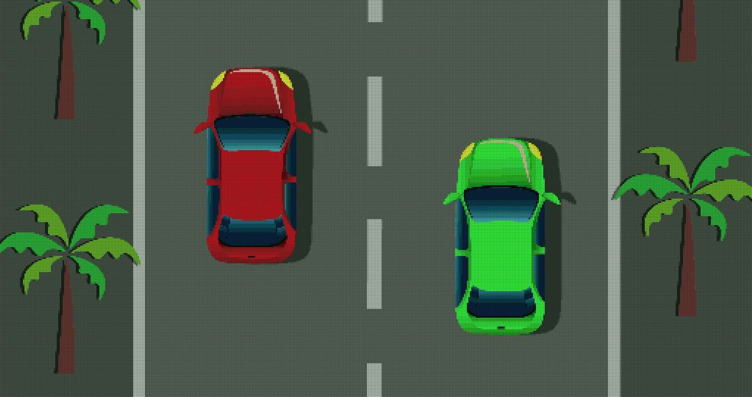 Retro pixel art car racing with palm trees