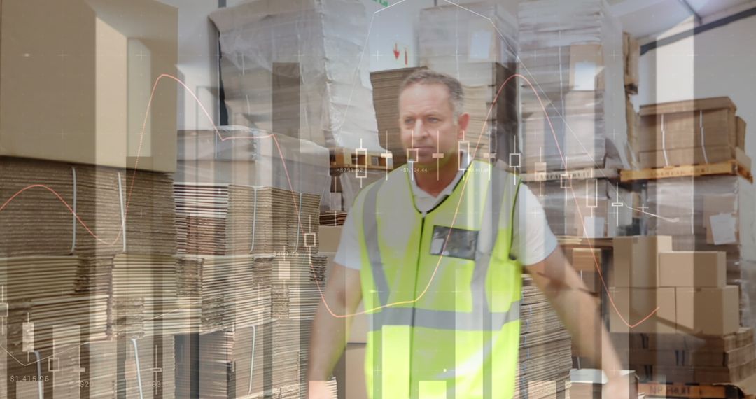 Warehouse Worker Overlaid with Financial Graphs Illustrating Industrial Data Analysis - Free Images, Stock Photos and Pictures on Pikwizard.com