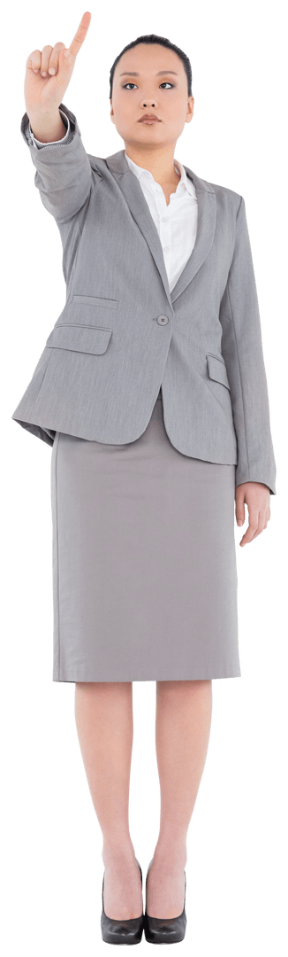 Transparent Businesswoman Making Pointing Gesture in Professional Attire