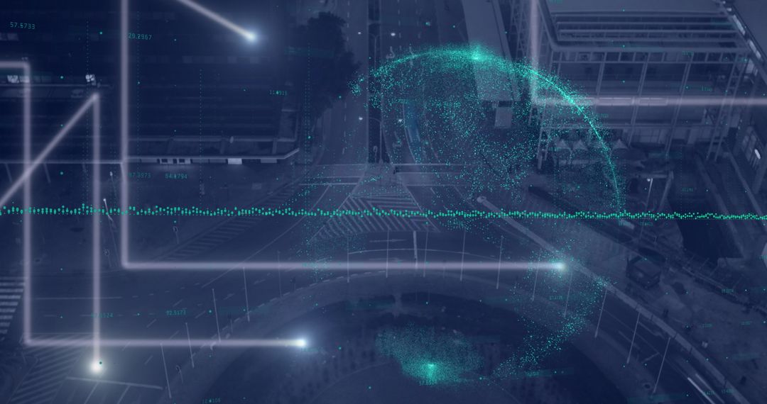Digital Globe Overlay on Futuristic Cityscape