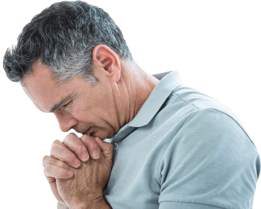 Mature Man Praying with Folded Hands on Transparent Background