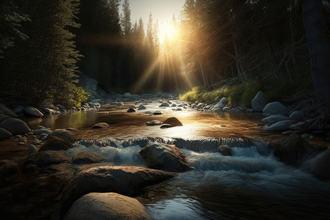 Scenic landscape with river creek and forest, created using generative ai technology - Free Images, Stock Photos and Pictures on Pikwizard.com
