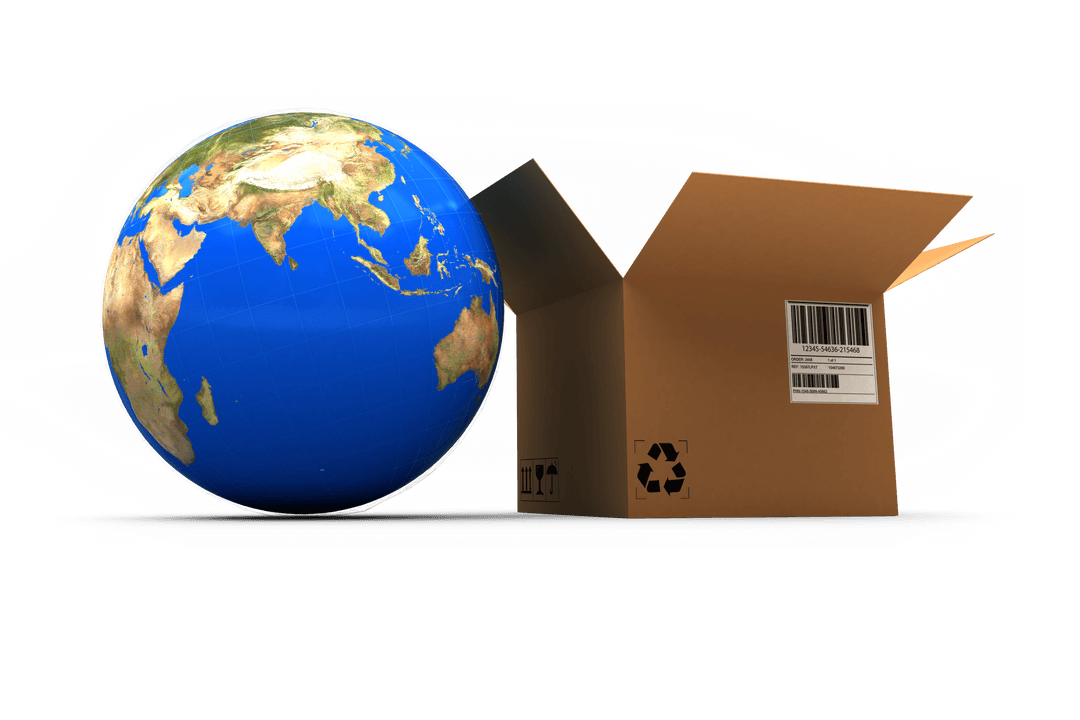 Transparent Earth and Open Cardboard Box with Recycling Symbol