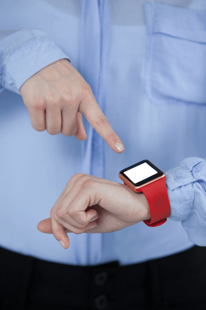 Businesswoman Interacting with Transparent Screen Smartwatch