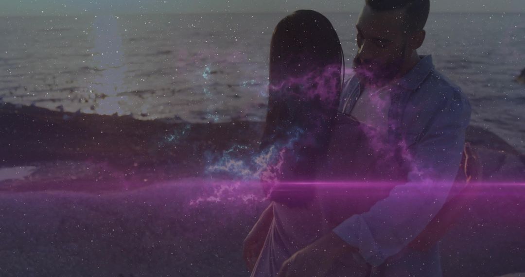Couple Embracing at Dusk with Cosmic Nebula Effect by Sea