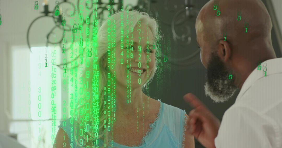 Senior Couple Discussing Technology with Holographic Binary Overlay in Bright Living Room
