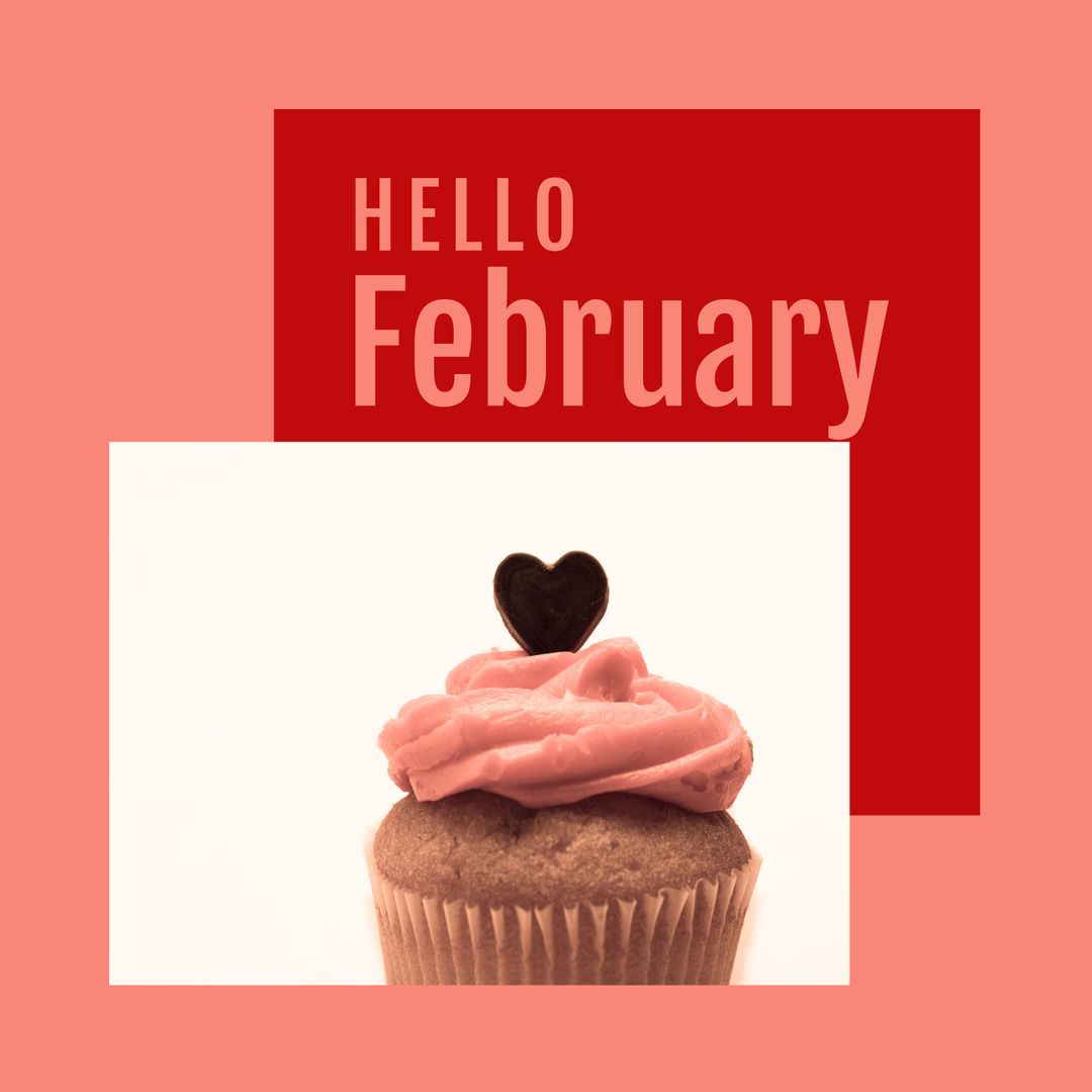 Hello February Text with Cupcake and Heart in Pink and Red Theme - Download Free Stock Templates Pikwizard.com