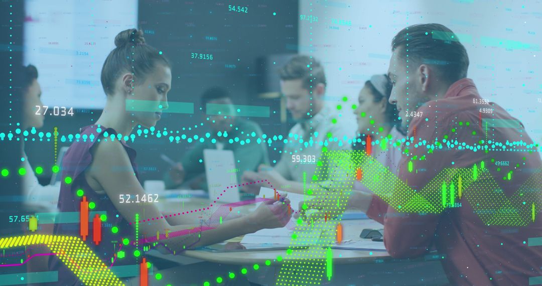 Business Team Analyzing Data with Financial Graphics Overlay