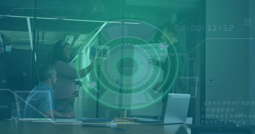 Business Team Collaborating in Modern Conference Room with Futuristic Overlay