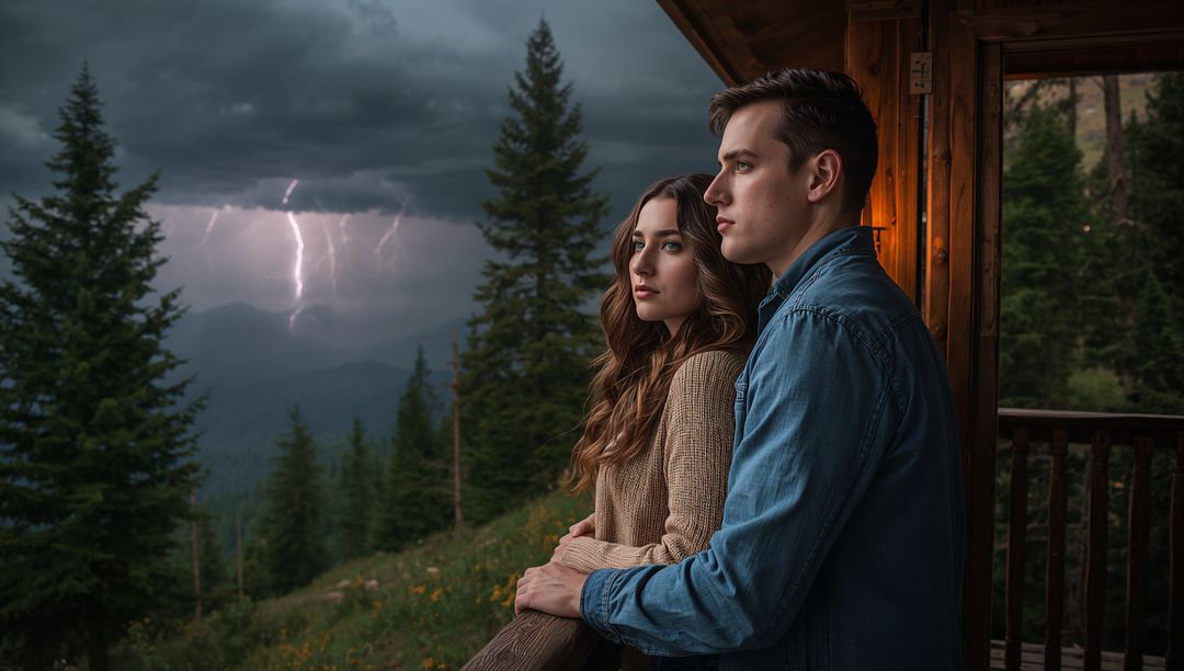Couple Watching Lightning Storm from Mountain Cabin Balcony, Leaning on Railing at Dusk