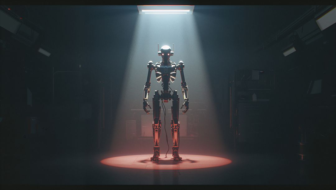 Futuristic Humanoid Robot Glowing in Dark Workshop