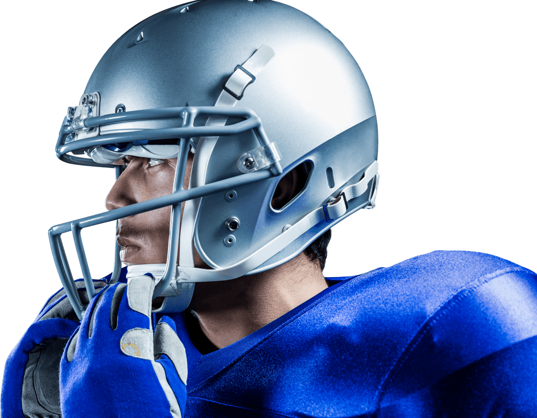 Football Player Wearing Helmet Looking Away on Transparent Background