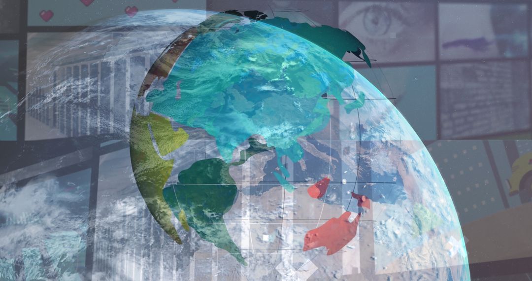 Digital Interface Overlaying Globe Depicts Global Connectivity and Data Processing