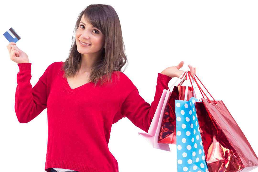 Happy Woman Holding Shopping Bags and Credit Card on a Transparent Background - Download Free Stock Images Pikwizard.com