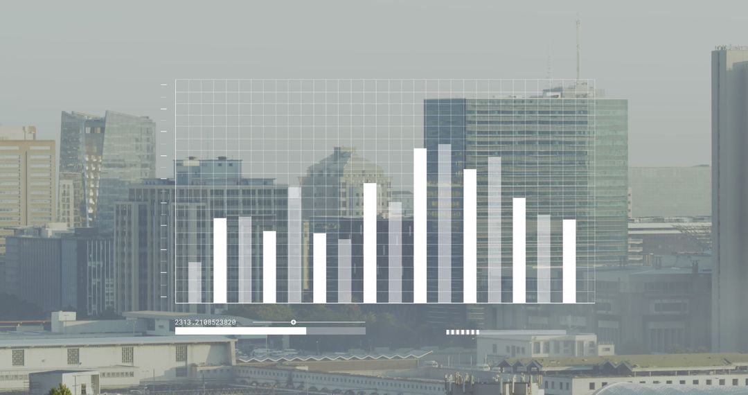 Cityscape with Statistical Data Overlay Illustrating Business Progress
