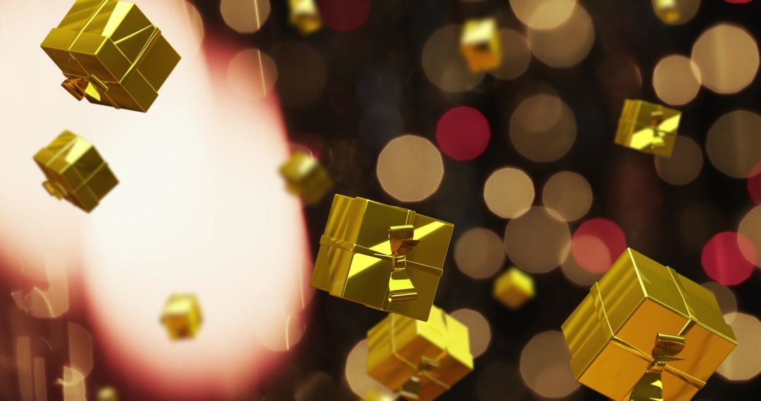 Floating Golden Gift Boxes with Festive Bokeh Background
