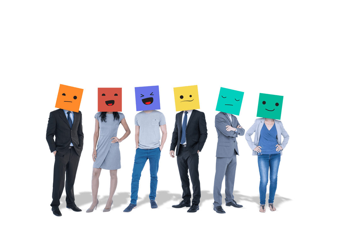 Diverse Group Wearing Emoticon Boxes on Transparent Background