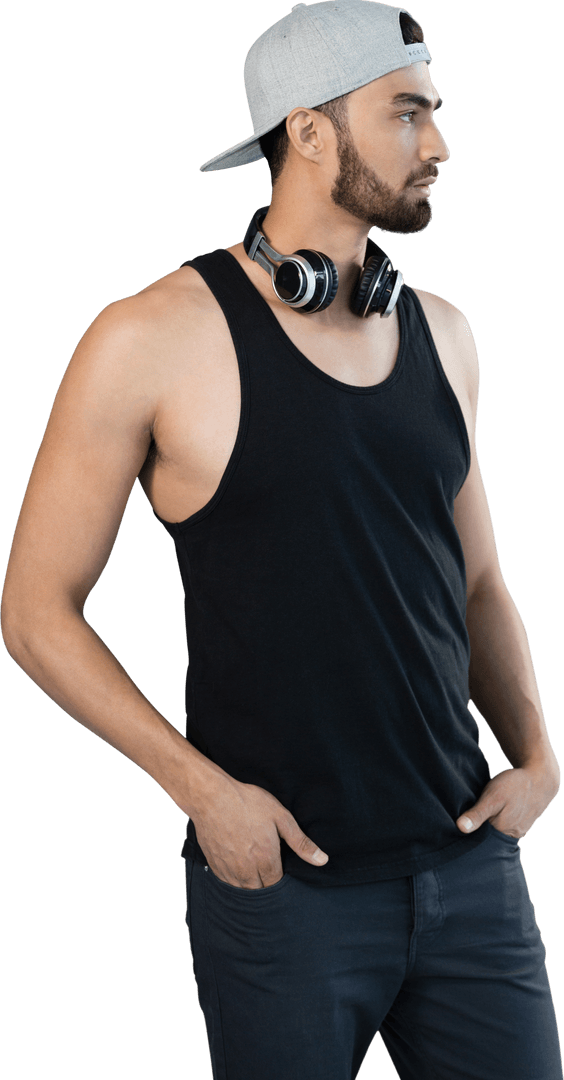 Stylish Man in Black Tank and Headphones on Transparent Background