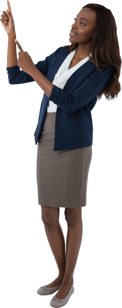 Transparent Businesswoman Gesturing Confidently in Presentation Stand