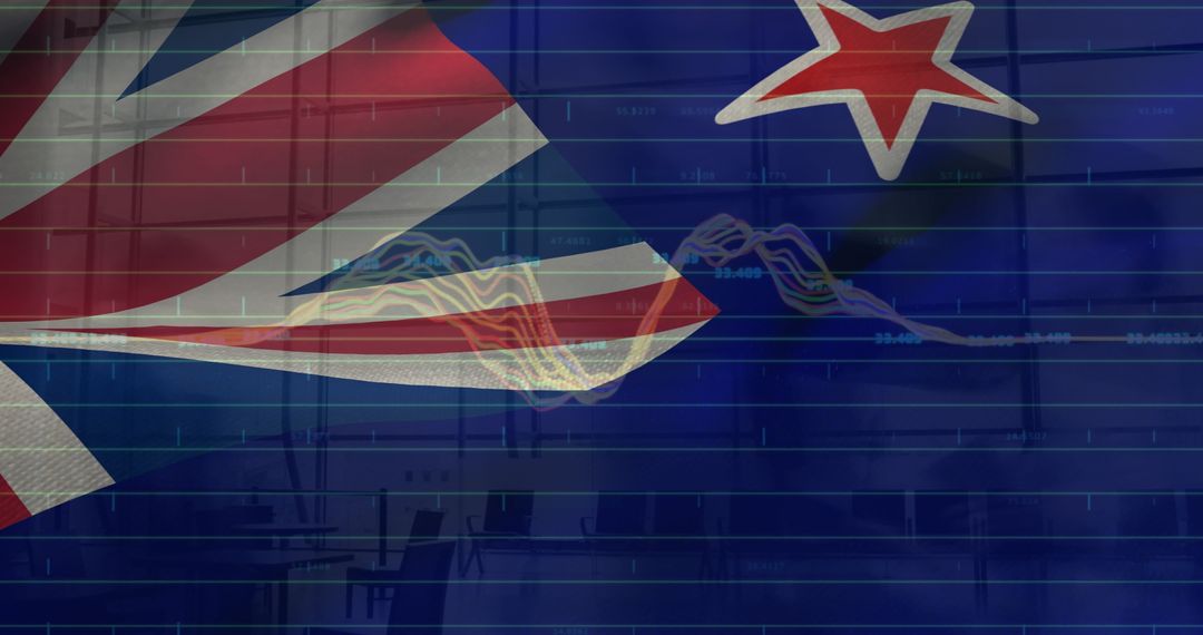New Zealand flag merging with financial data visualization and market analytics overlay