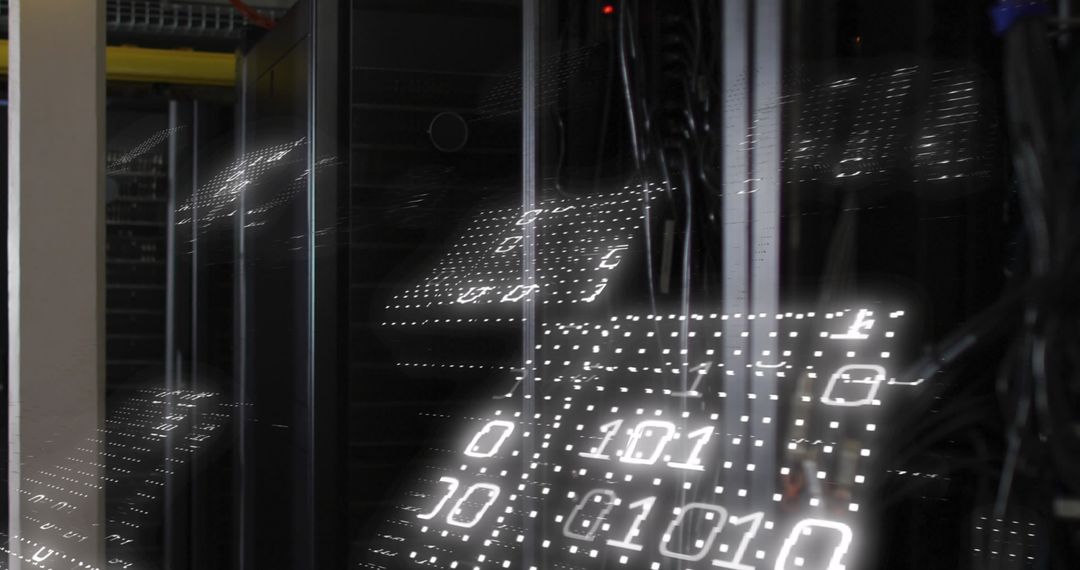 Binary Code Over Server Room Suggesting Data Processing