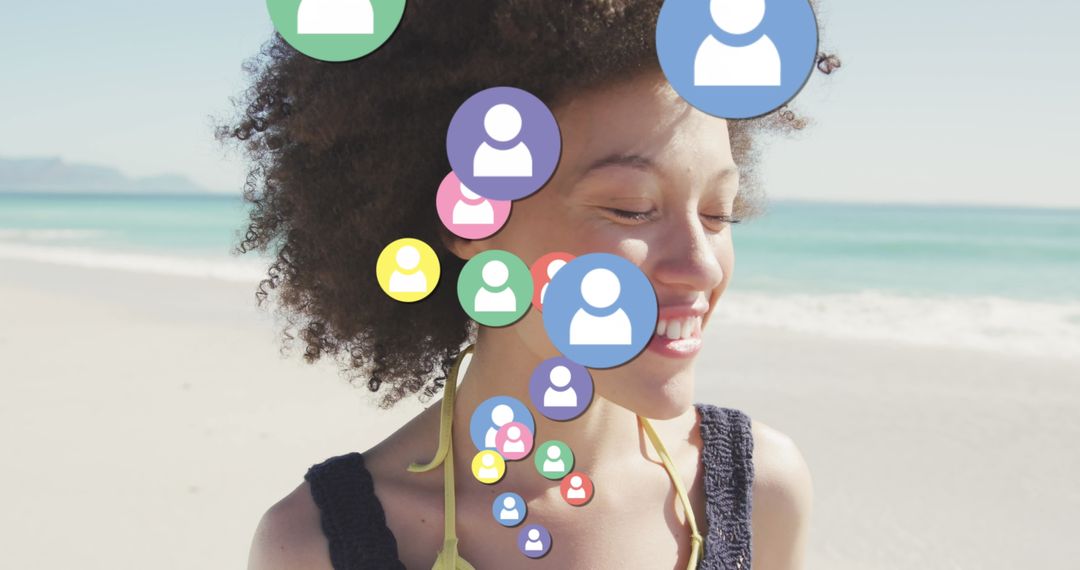 Digital Connection and Social Media Overlaid on Smiling Woman at Beach