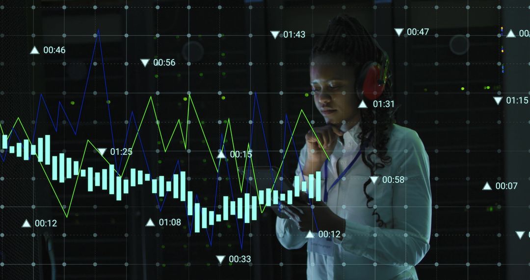 Woman in Server Room Analyzing Data with Headphones