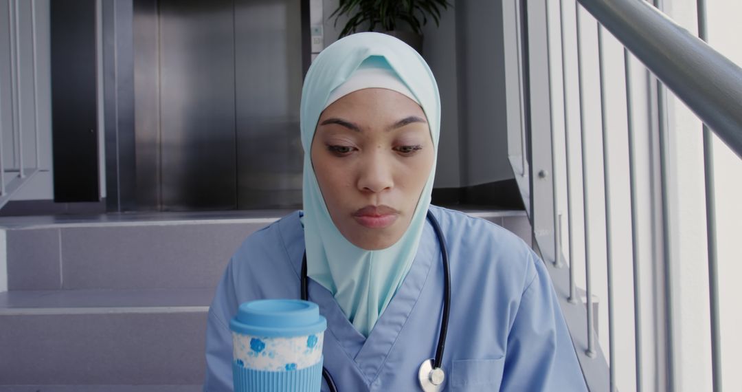 Pensive Muslim Nurse Taking a Break on Stairs in Hospital - Free Images, Stock Photos and Pictures on Pikwizard.com