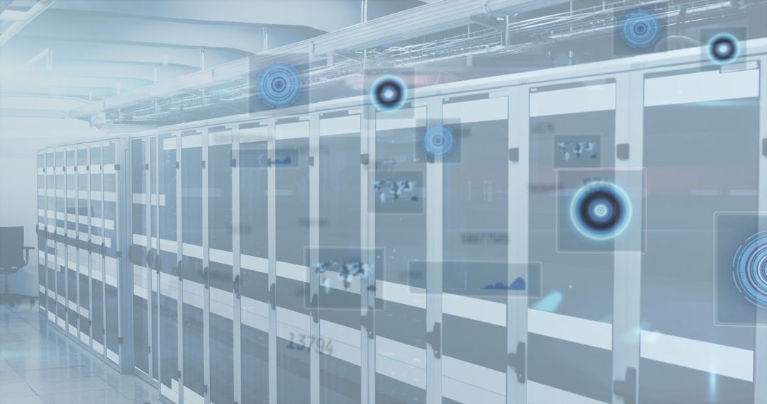 High Tech Server Room with Cyber Security Visualizations