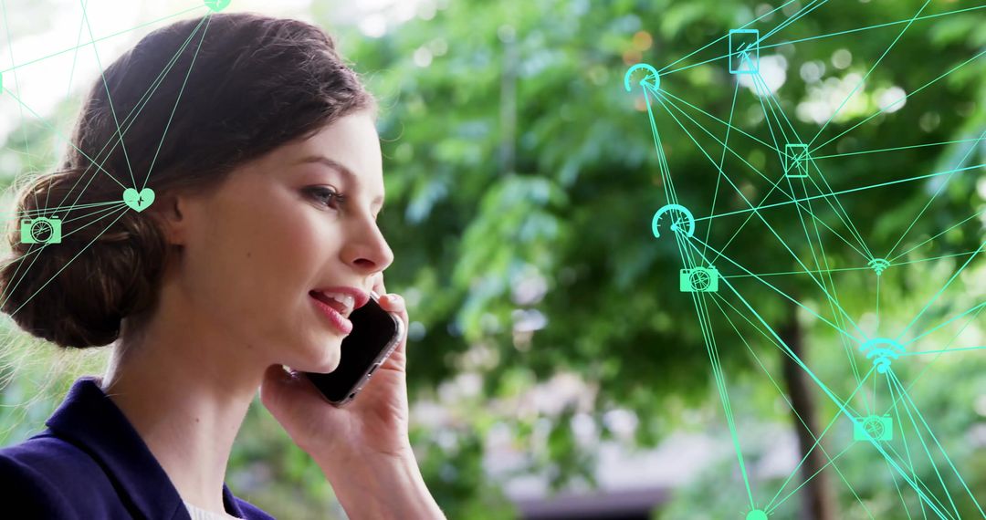 Smiling Woman on Phone While Holographic Digital Network Materializes